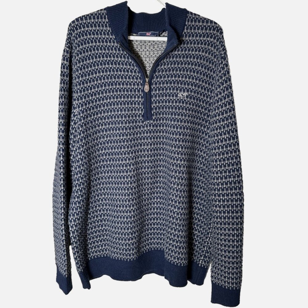 Vineyard Vines 1/4 Zip Knit Sweater Mens XXL Blue Gray Geometric Whale Classic